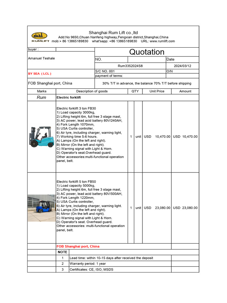 Forklift Quotation for Amanuel Teshale | PDF | Forklift