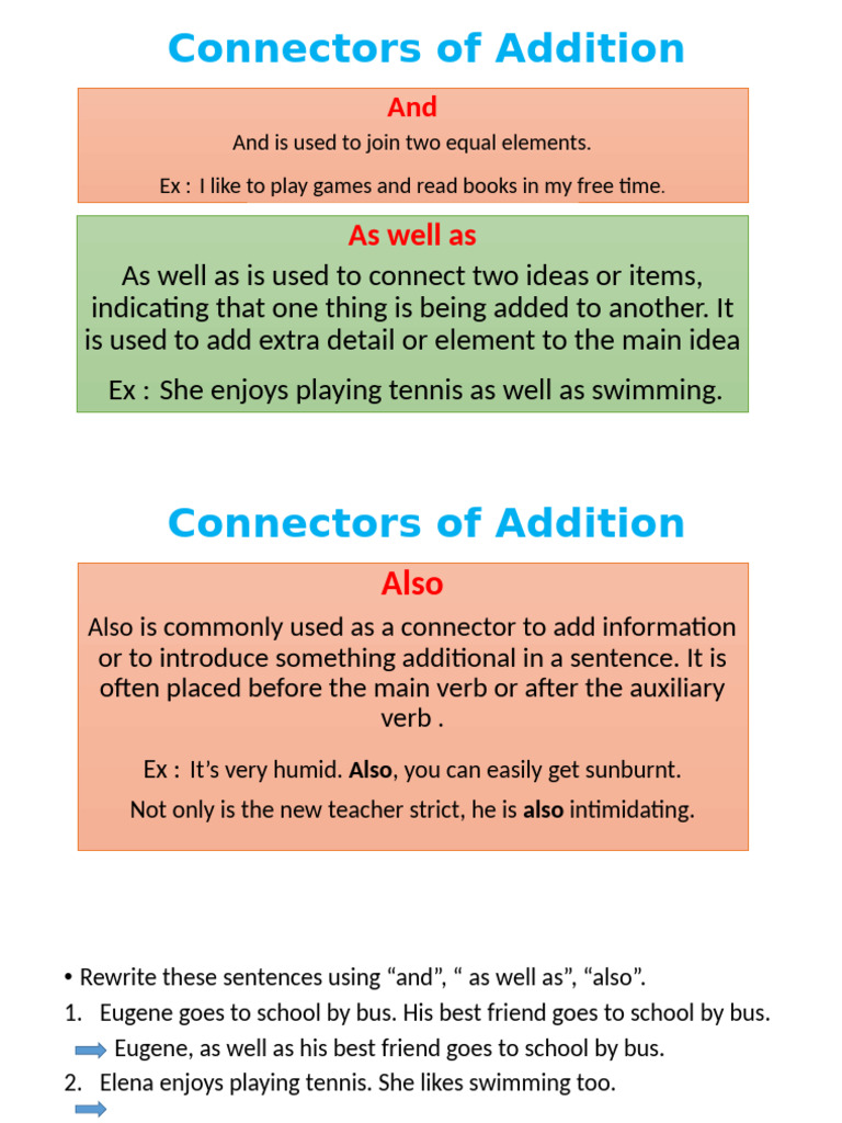 Addition Connectors and Examples | PDF | Language Mechanics ...