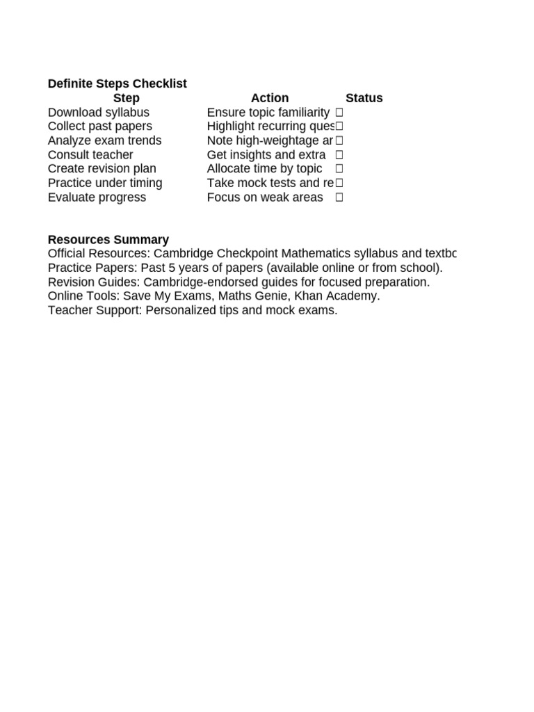 Math Exam Preparation Checklist | PDF