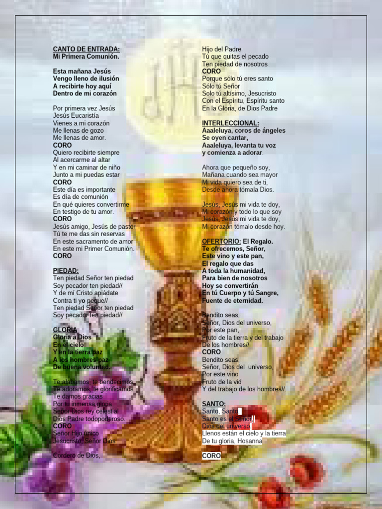 Letra de Canto para Primera Comunión | PDF | eucaristía | Cristo (título)