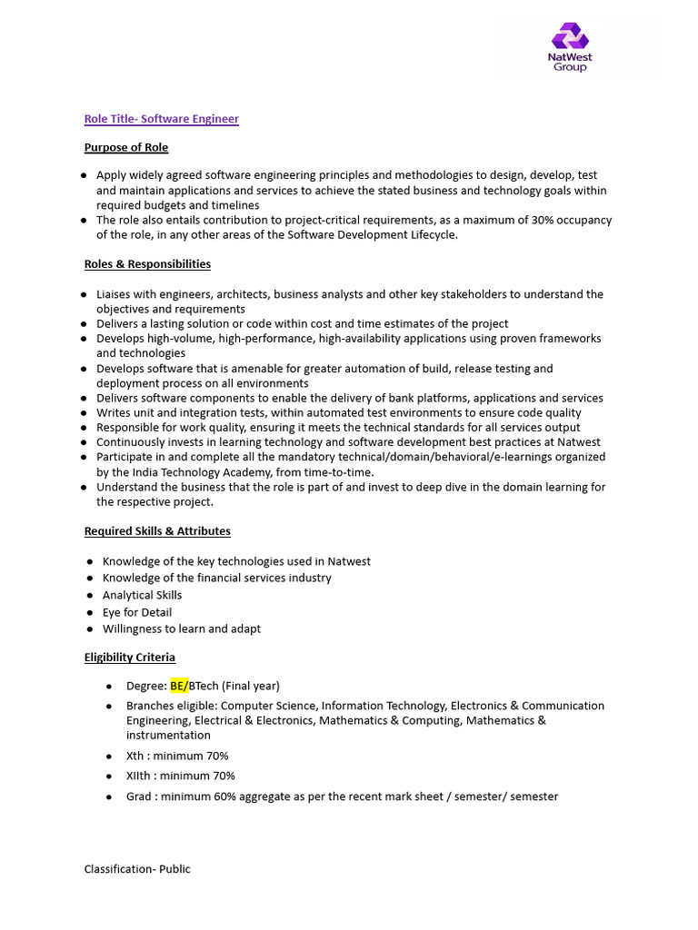 NatWest Graduate Software Engineer Role | PDF | Software Development ...