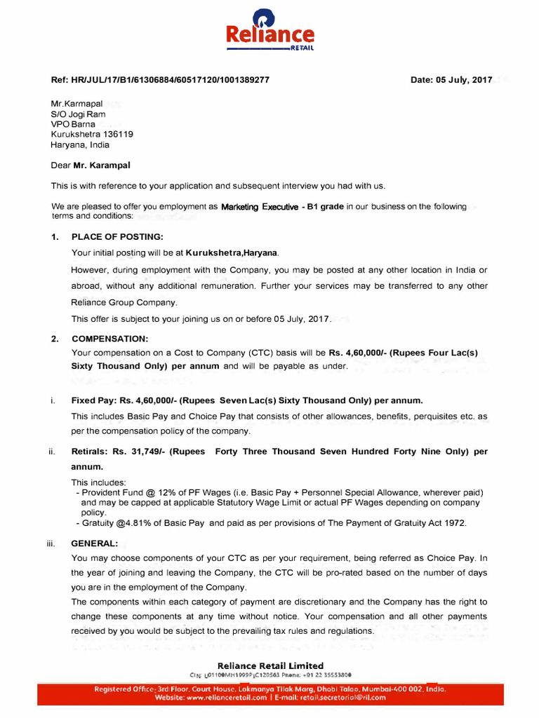 Reliance Retail Offer Letter for Mr. Karmapal | PDF | Wage | Employee ...