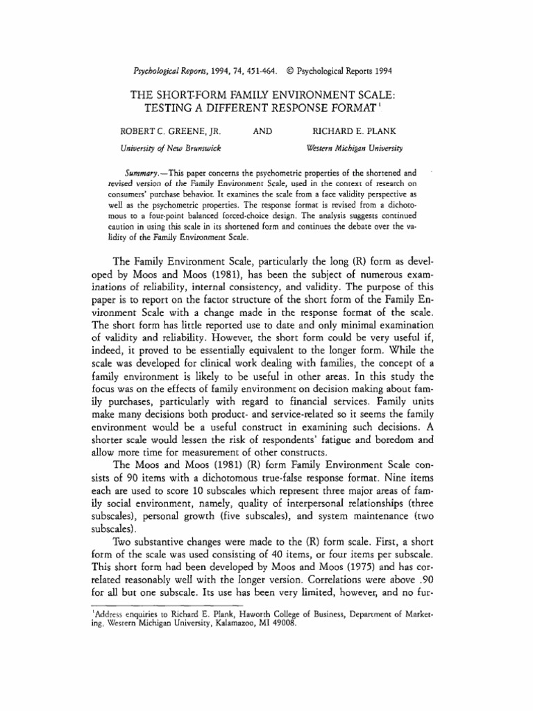 Short-Form Family Environment Scale | PDF | Validity (Statistics ...