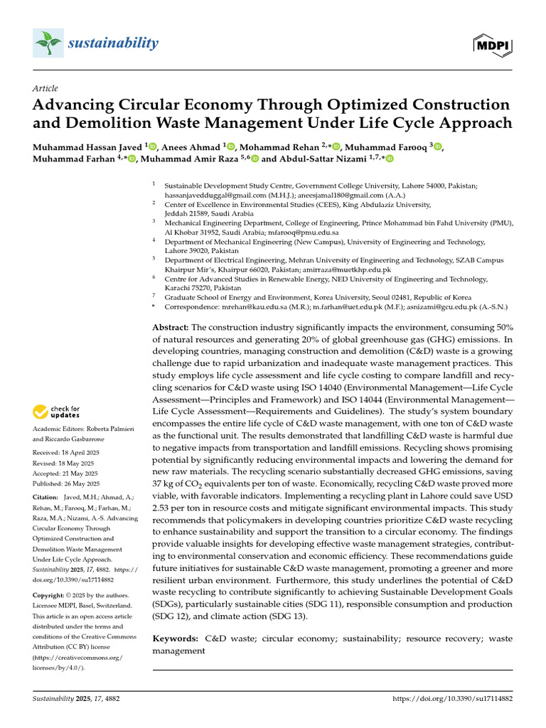 Circular Economy in C&D Waste Management | PDF | Life Cycle Assessment ...