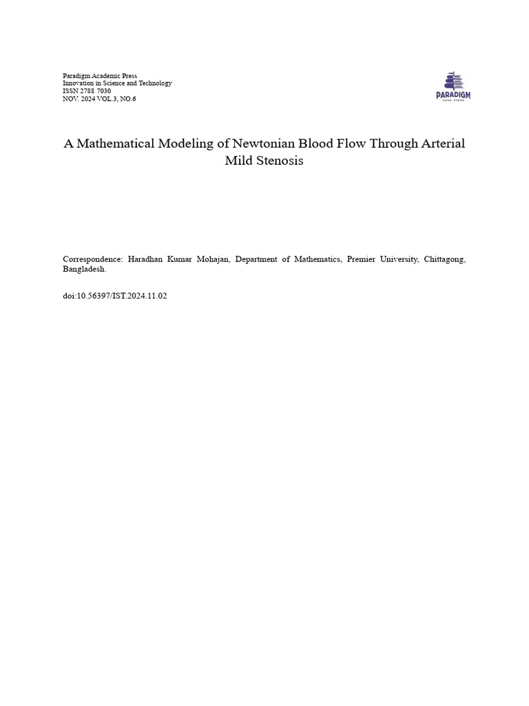A Mathematical Modeling of Newtonian Blood Flow Through Arterial | PDF ...