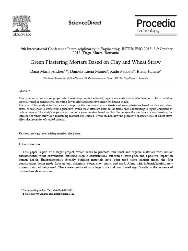 Green Plastering Mortars Based On Clay and Wheat Straw | PDF