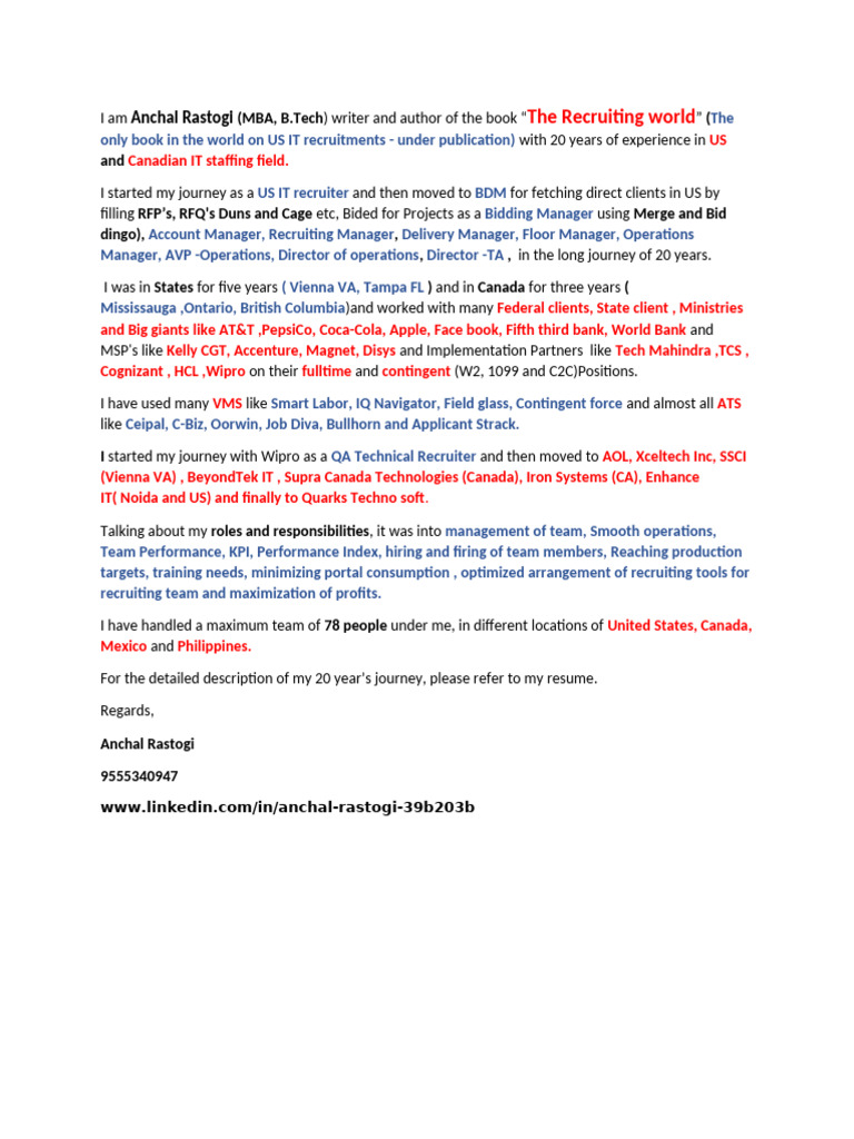 20 Years in US IT Recruitment Management | PDF