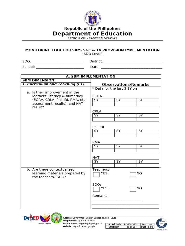SBM Monitoring Tool Region Prescibed | PDF | Learning
