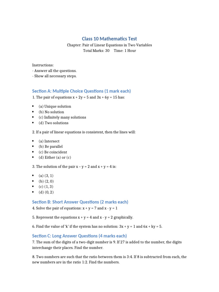 Class 10 Maths Test Pair of Linear Equations | PDF
