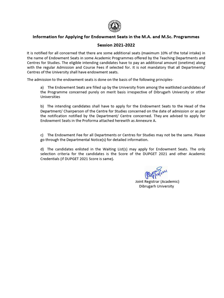 Endowment Seat Application Guidelines | PDF
