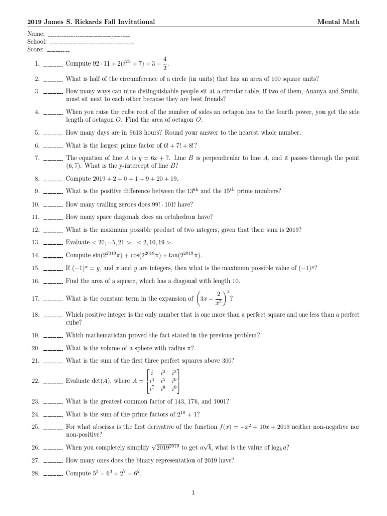 2019 Rickards Math Invitational Test | PDF | Square Root | Numbers