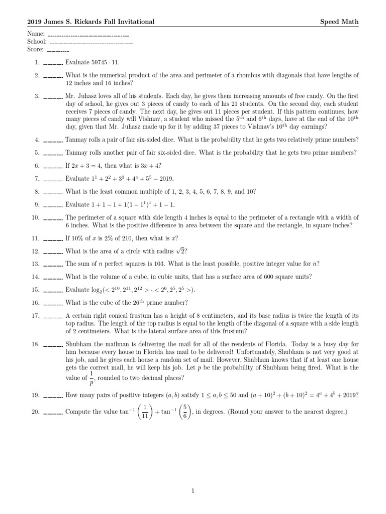 Speed Math Test (2019 Rickards) | PDF | Area | Elementary Mathematics