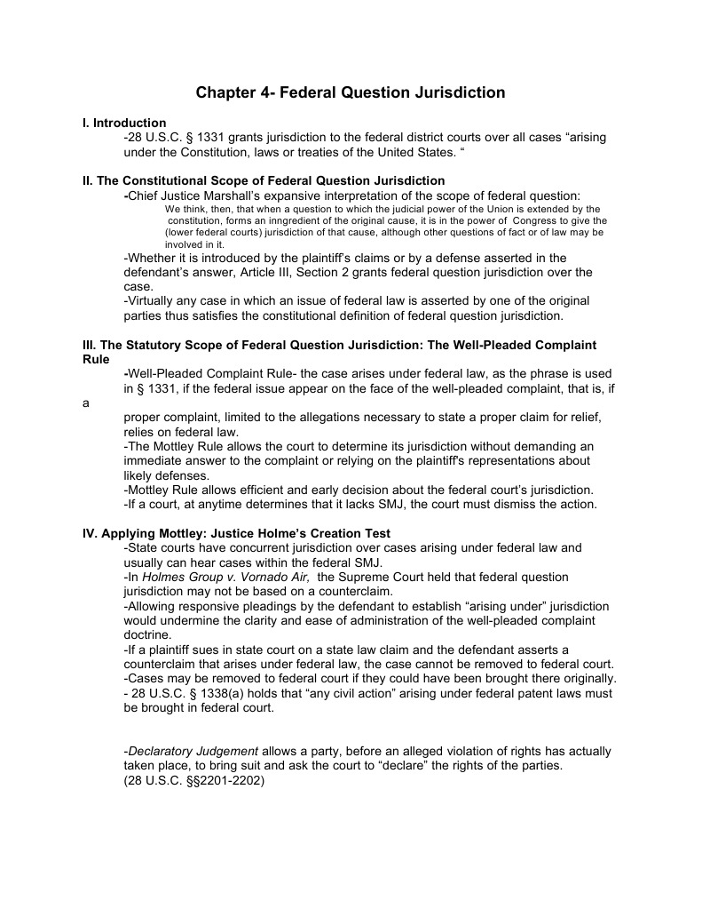 Chapter 4 Federal Question Jurisdiction Lawsuit Federal Judiciary