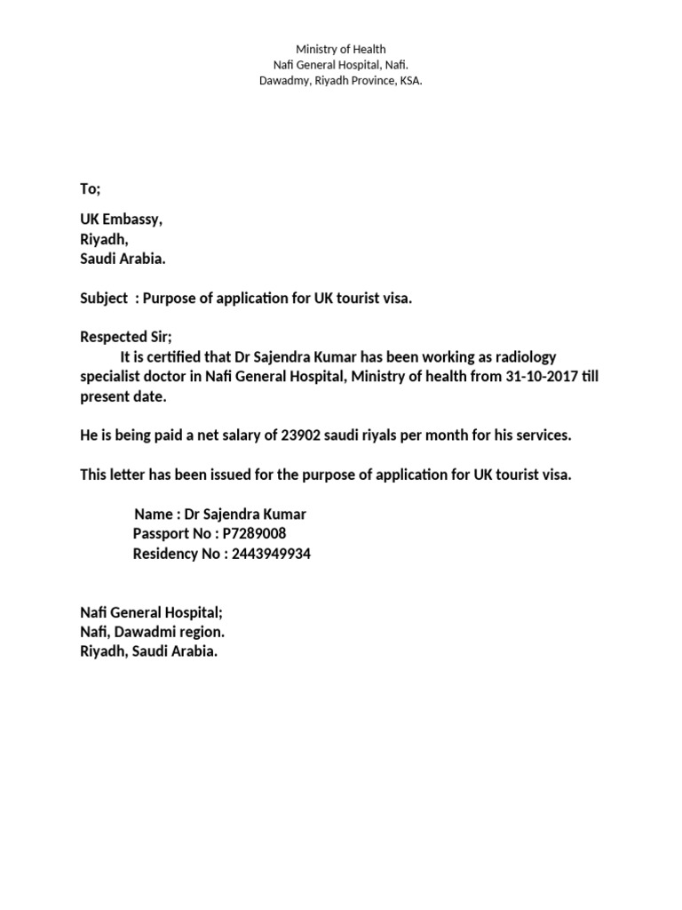UK Tourist Visa Application for Dr. Kumar | PDF