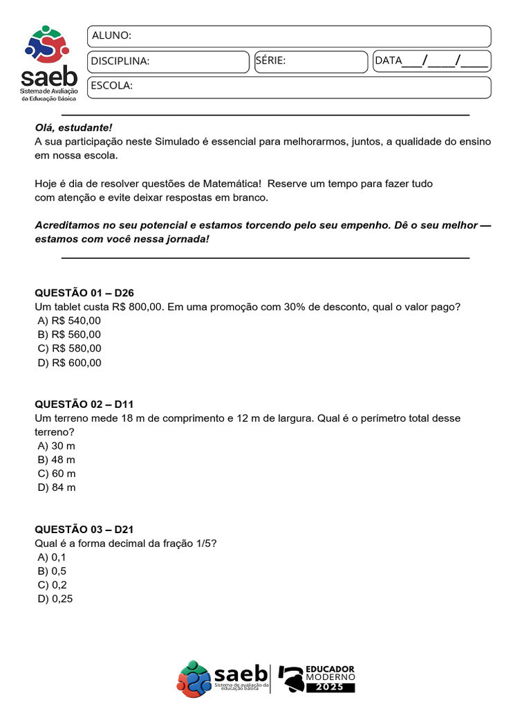 Simulado SAEB Matemática 5º Ano 2025 | PDF