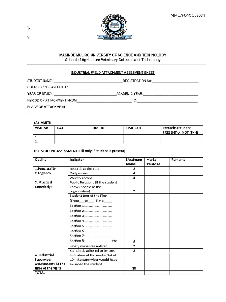 Field Attachment Assessment Form | PDF | Cognition | Psychology