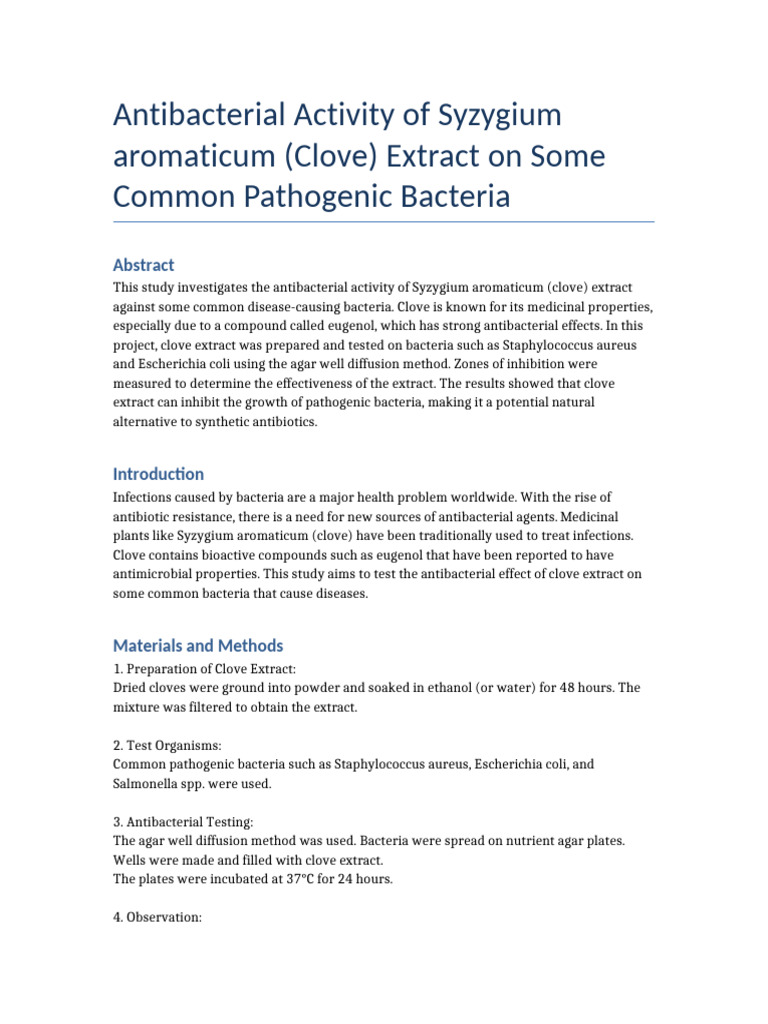 Antibacterial Activity of Clove Extract | PDF | Antimicrobial | Bacteria
