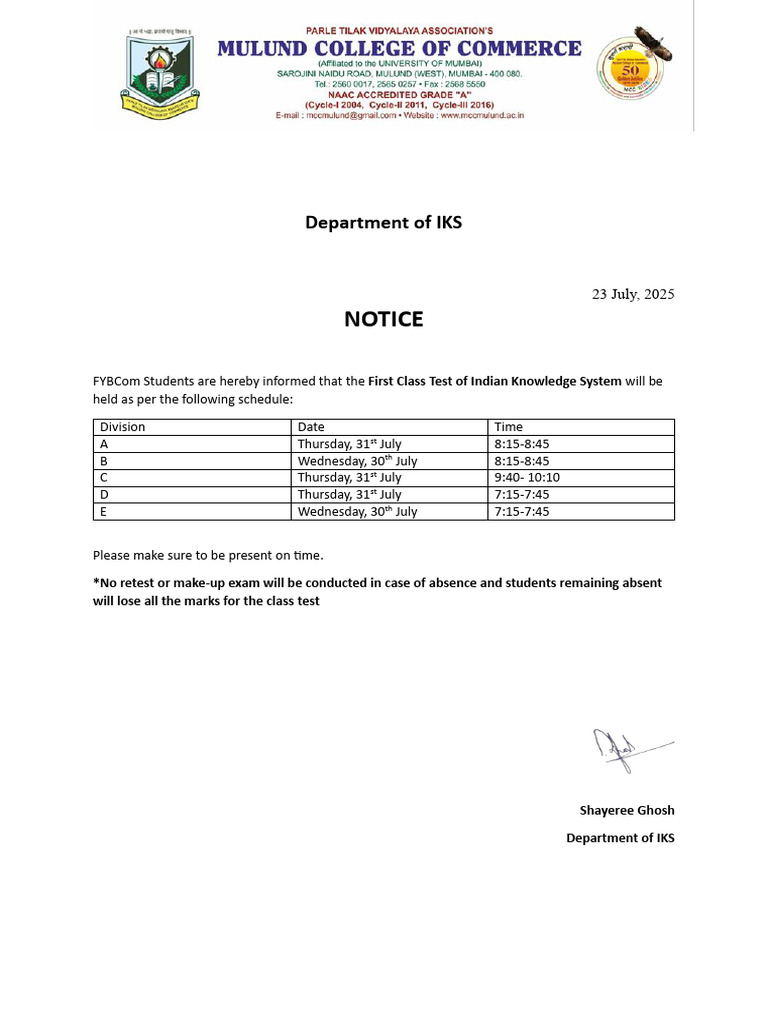 IKS Class Test Notice July 2025 | PDF