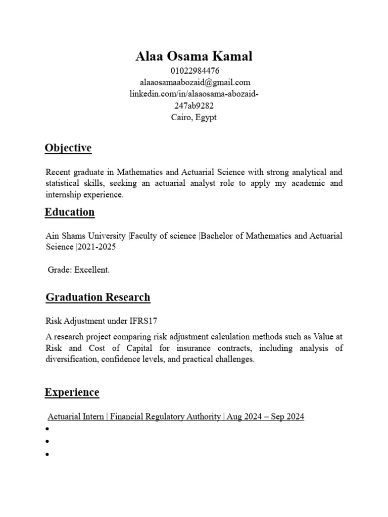 Actuarial Analyst Resume of Alaa Osama | PDF