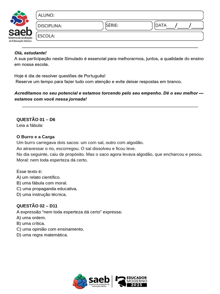 SAEB 5º ANO PORTUGUÊS 09 - SIMULADO.pdf | PDF | Tempo