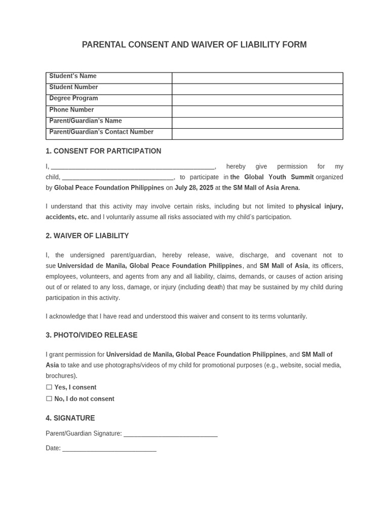 Parental Consent Form for Youth Summit | PDF