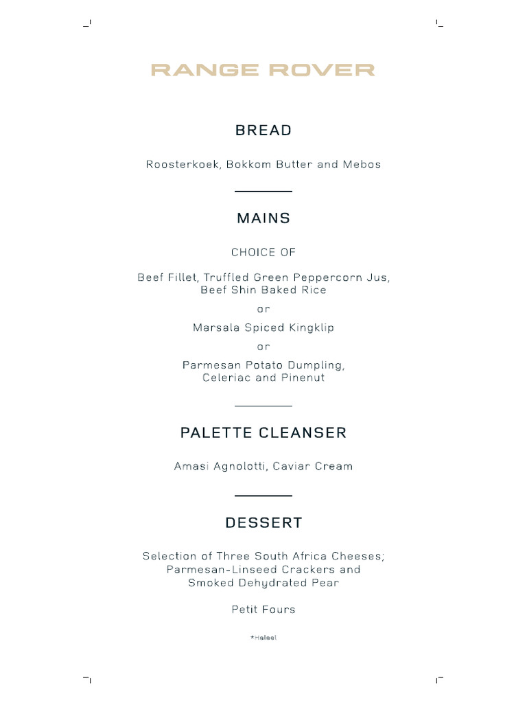 Halaal Menu - Range Rover Private Preview | PDF