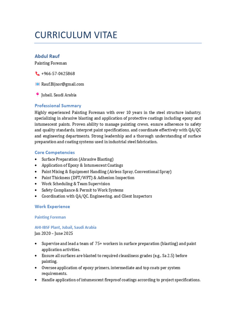 Painting Foreman CV-Abdul Rauf | PDF