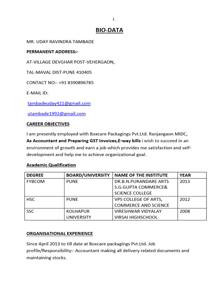 Uday Tambade - Accountant Bio-Data | PDF