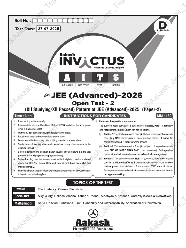 AITS OT2 XII Adv PCM Paper 2 Code D 27 07 2025@aakash Jee Test | PDF