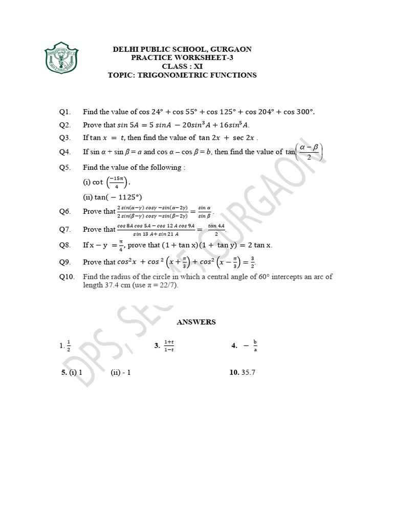 Trigonometric Functions Worksheet XI | PDF