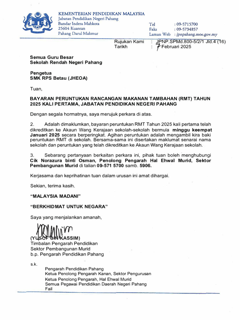 Bayaran Peruntukan Rancangan Makanan Tambahan (Rmt) Tahun 2025 Kali ...