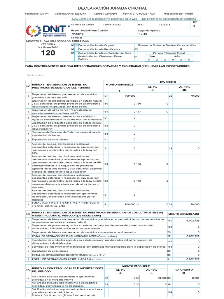 DDJJ Iva Febrero 2025 - SR | PDF | Impuesto al valor agregado | Impuestos