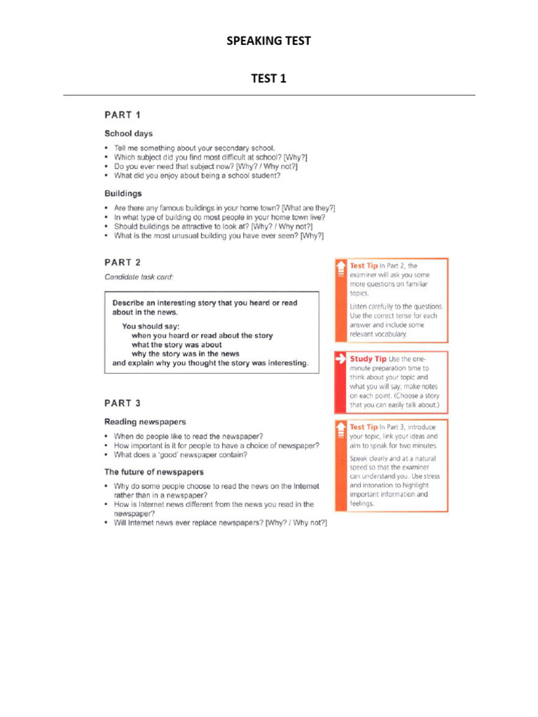 Các Bài Test Speaking IELTS | PDF