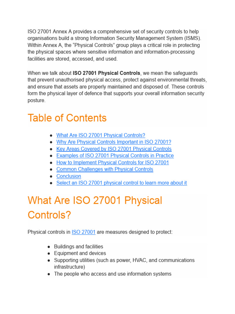 ISO 27001 Physical Security Controls Guide | PDF | Computer Security ...