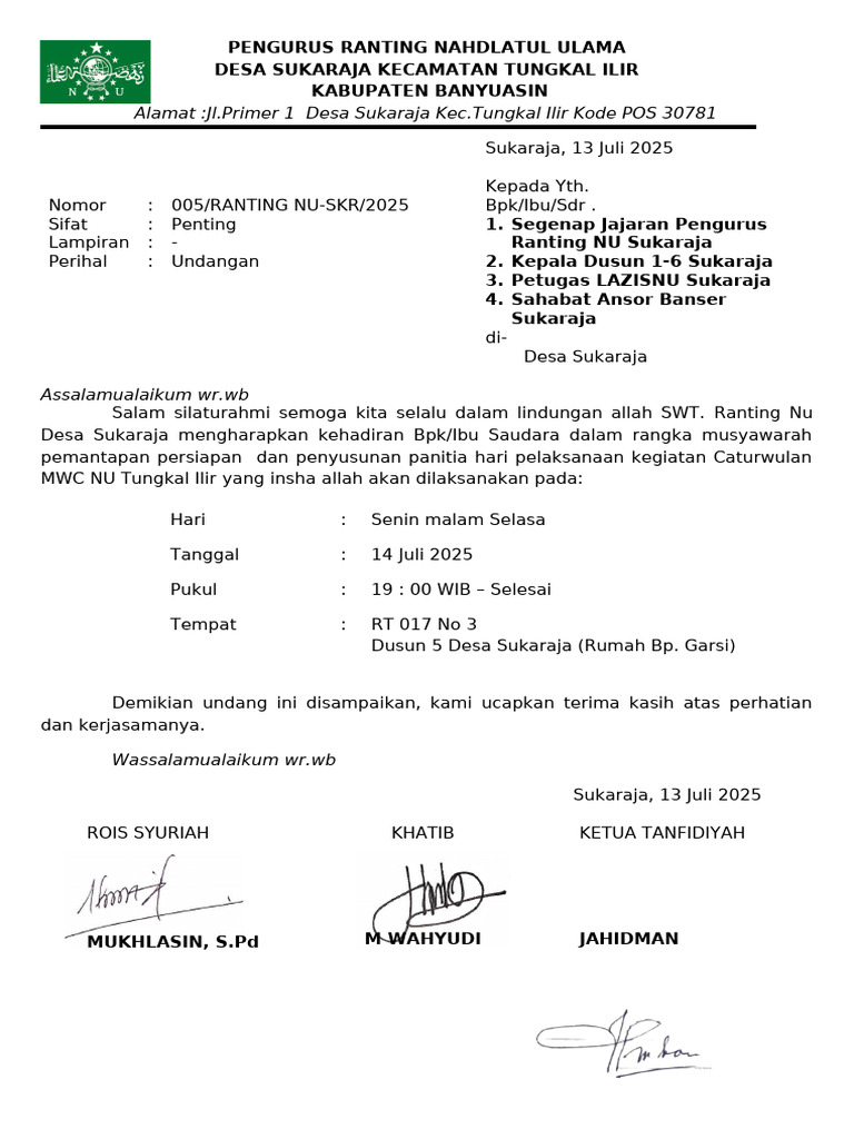 Undangan Musyawarah Ranting NU | PDF
