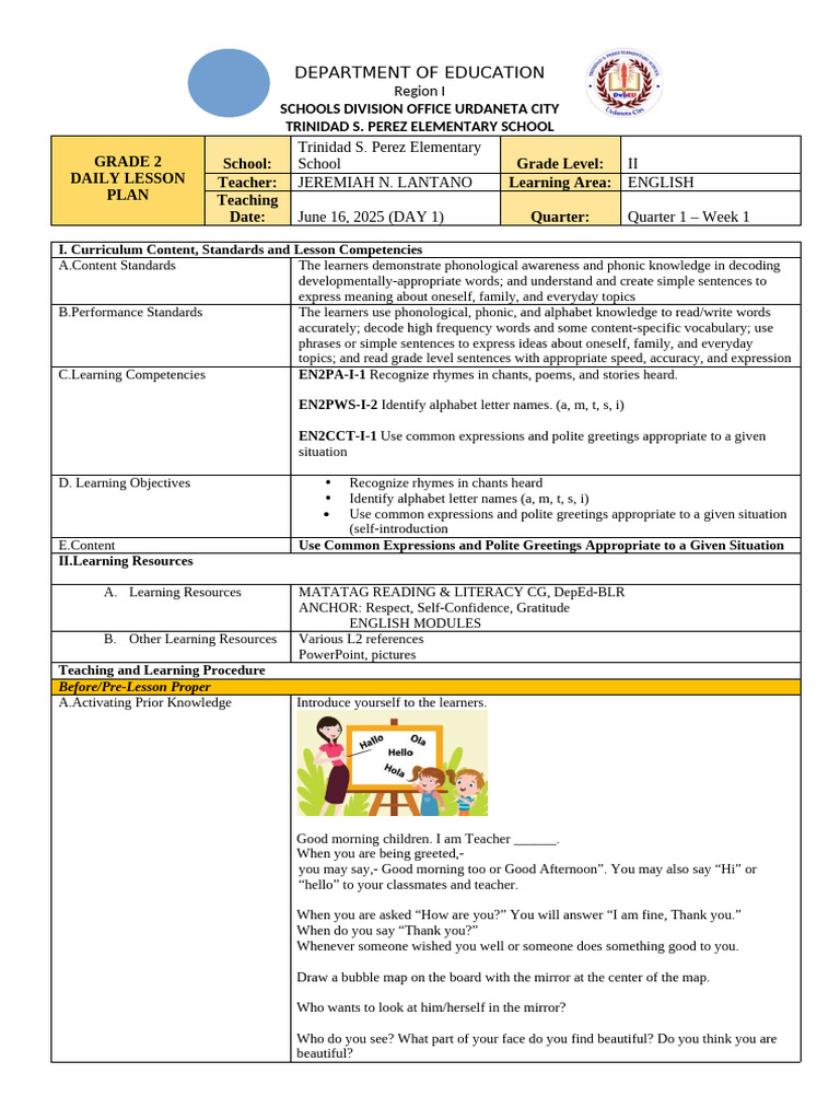 Grade 2 English Lesson Plan: Rhymes | PDF | Circle | Shape