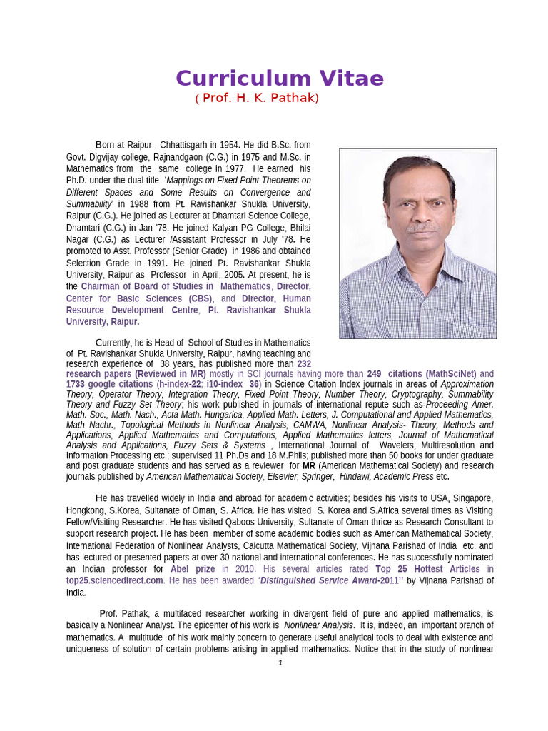 Prof. H. K. Pathak's Mathematical Contributions | PDF | Mathematical ...