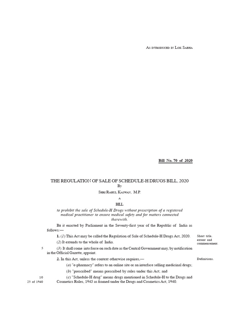Regulation of Schedule-H Drugs Bill 2020 | PDF | Drugs | Prescription Drugs