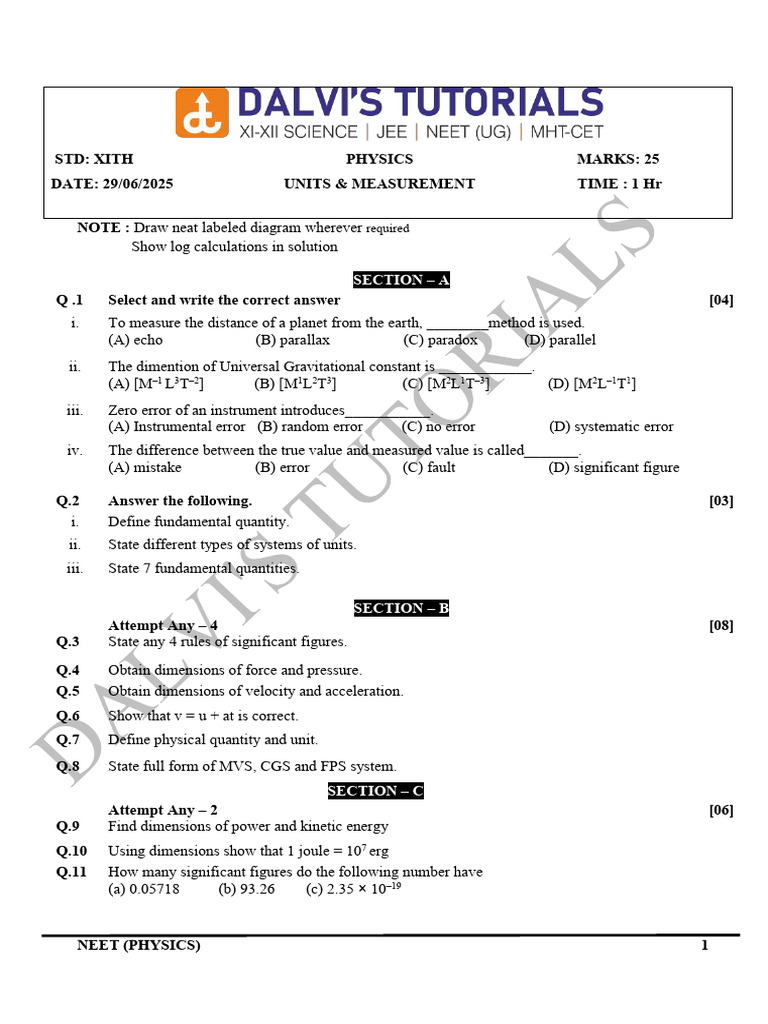 NEET Physics: Units & Measurement Exam | PDF | Significant Figures ...