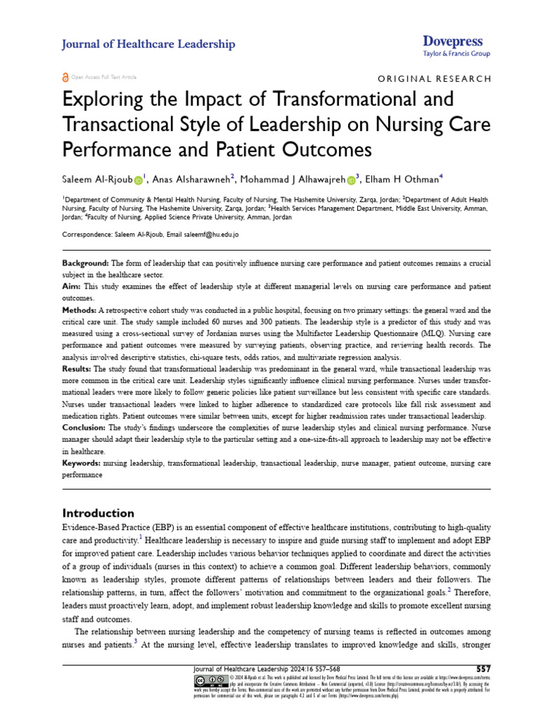 Leadership Styles in Nursing Care Performance | PDF | Leadership | Nursing