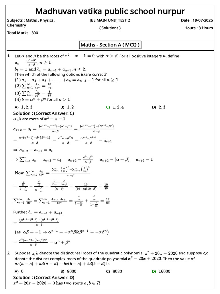 JEE Main Unit Test 2 Solutions 2025 | PDF | Quadratic Equation ...