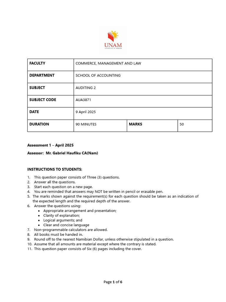 AUA 3871 Assessment 1 2025 Question Paper | PDF | Receipt | Invoice