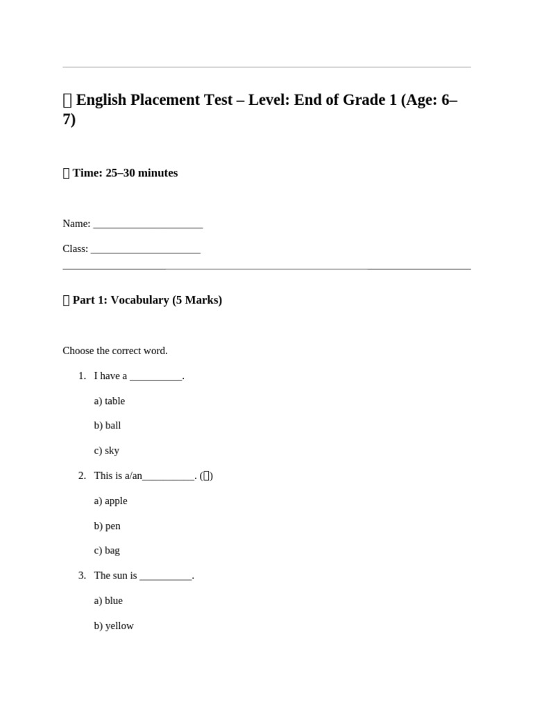 Grade 1 English Placement Test | PDF
