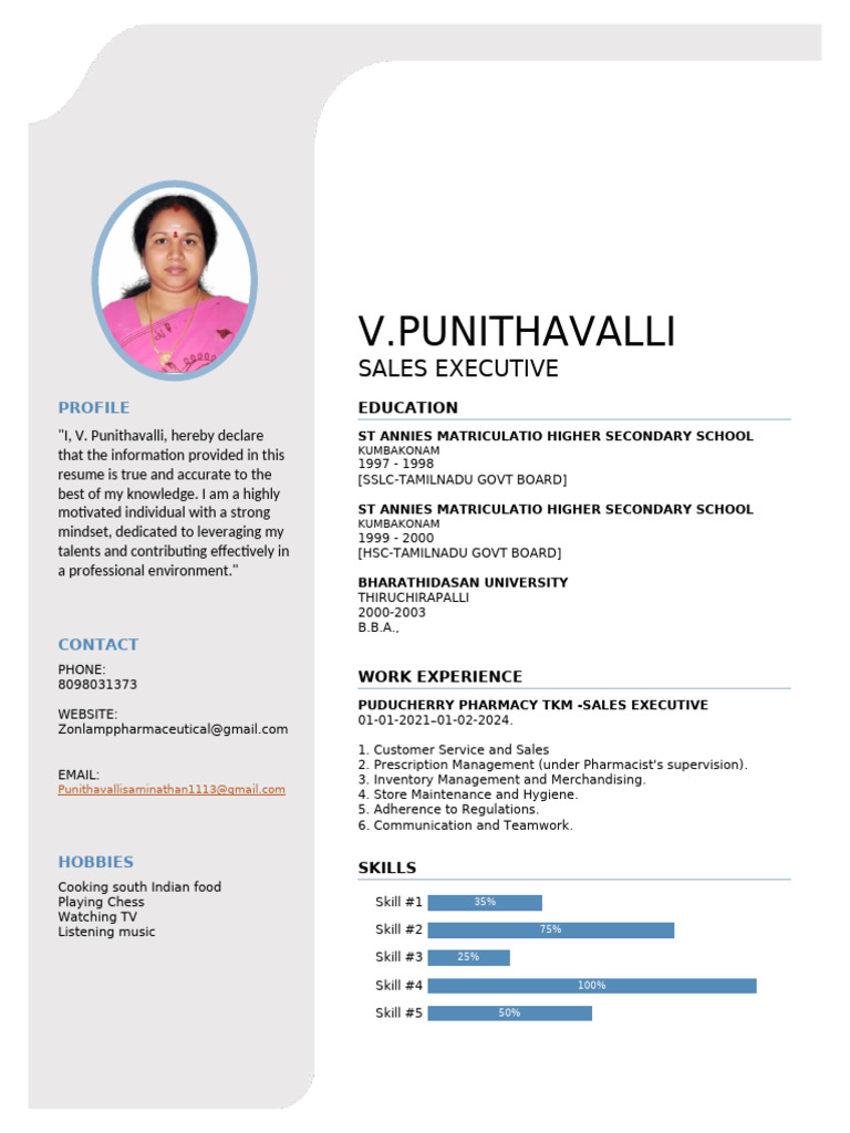 V. Punithavalli Sales Executive Resume | PDF