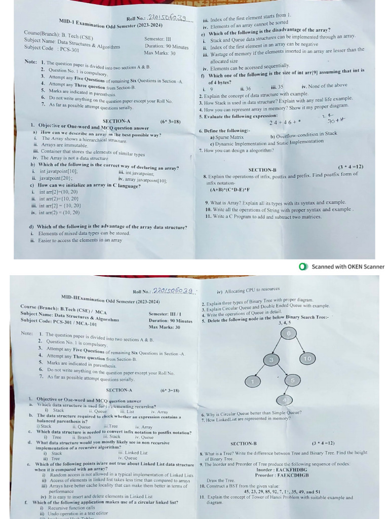 3rd Sem Mid - 1, Mid - 2 Paper | PDF