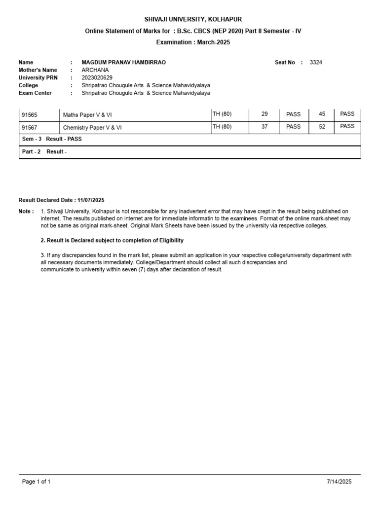B.Sc. Part II Semester IV Marks 2025 | PDF