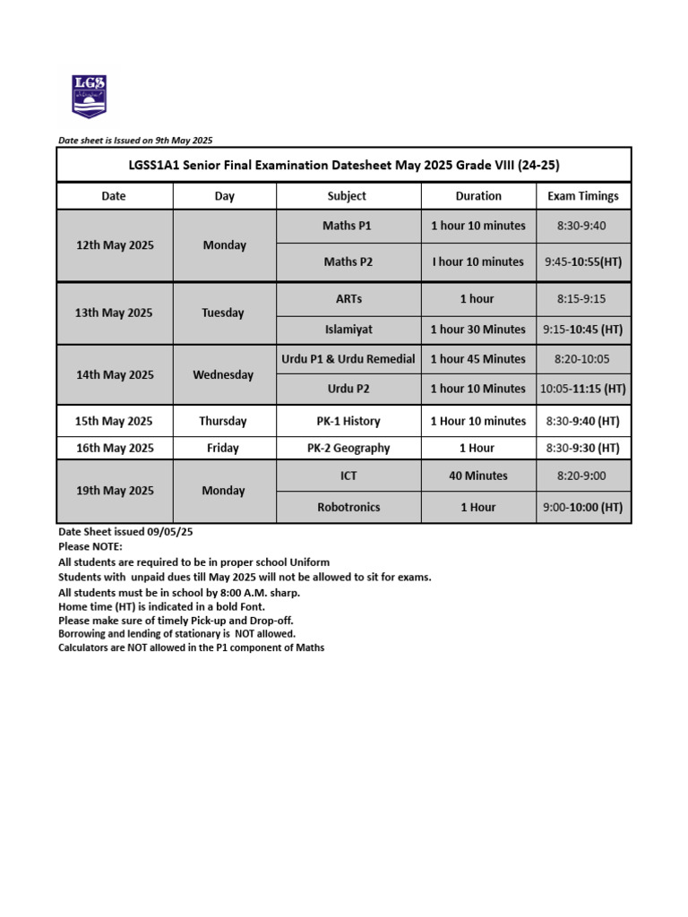 Class 8 Final Exam Date Sheet 2025 | PDF