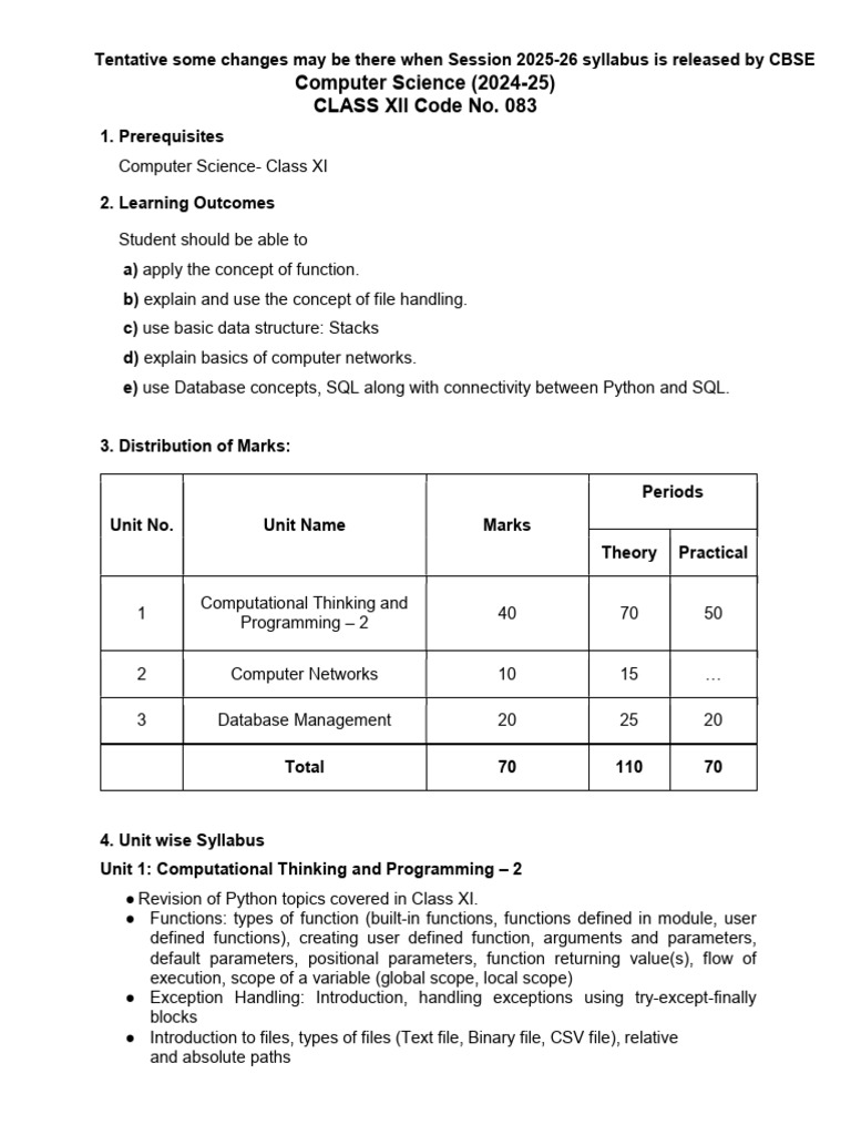 CBSE Class 12 Computer Science Syllabus | PDF | Computer Network ...