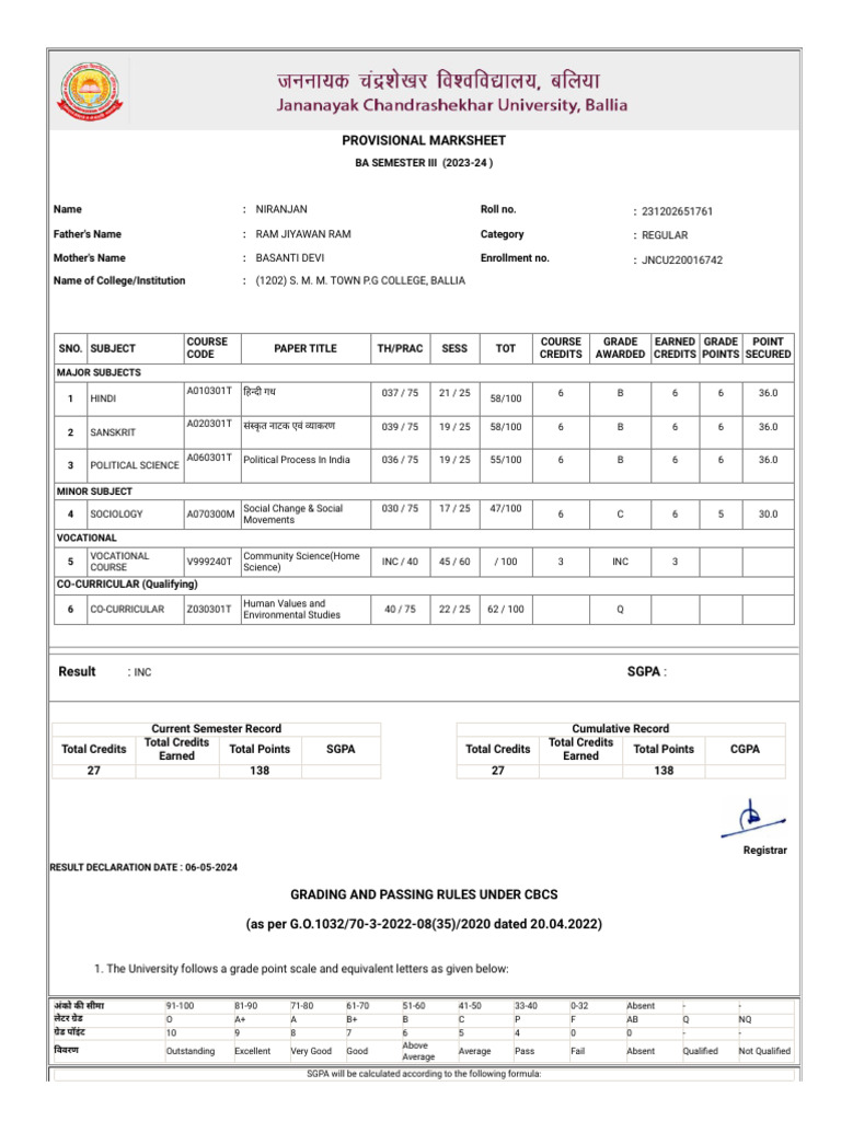 Provisional Marks Sheet BA Semester III | PDF | Students | Academia