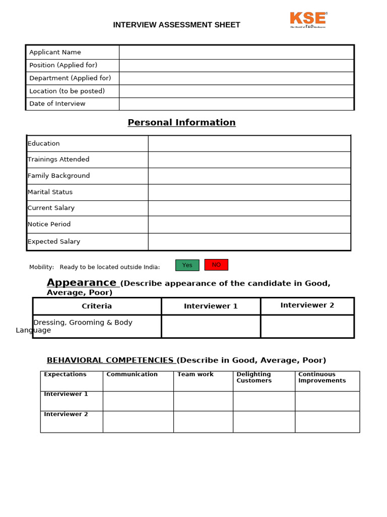Interview Assessment Sheet Template | PDF